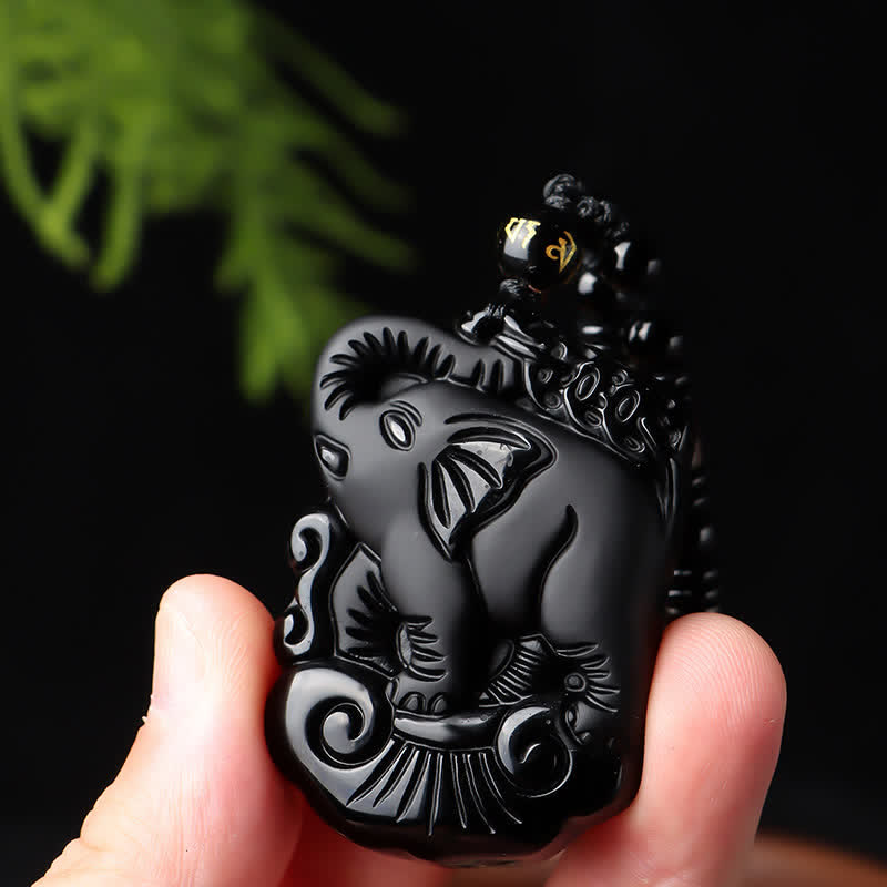 KarmaRipple's Black Obsidian Elephant Protection String Pendant Necklace Key Chain p4