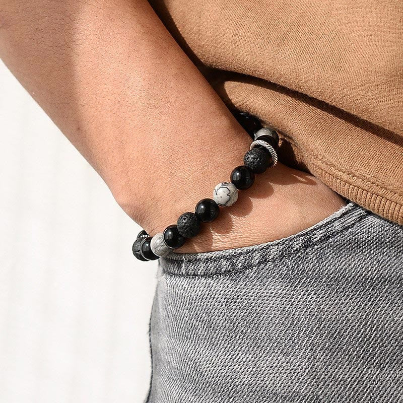 KarmaRipple's Vintage Lava Rock Black Obsidian Picasso Jasper Beadwork Support Rope Bracelet p14