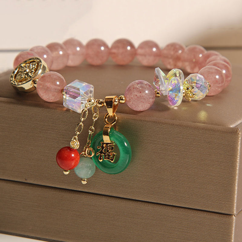 KarmaRipple's Strawberry Quartz Jade Fu Character Talisman Balancing Bracelet p3