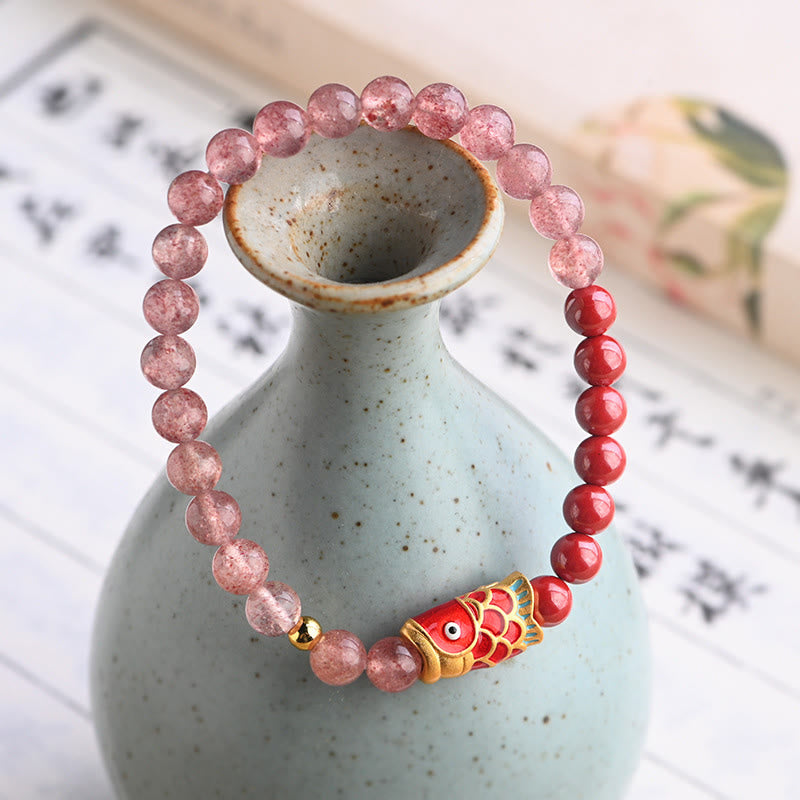 KarmaRipple's Authentic Strawberry Quartz Cinnabar Fortunate Koi Fish Balancing Bracelet p2