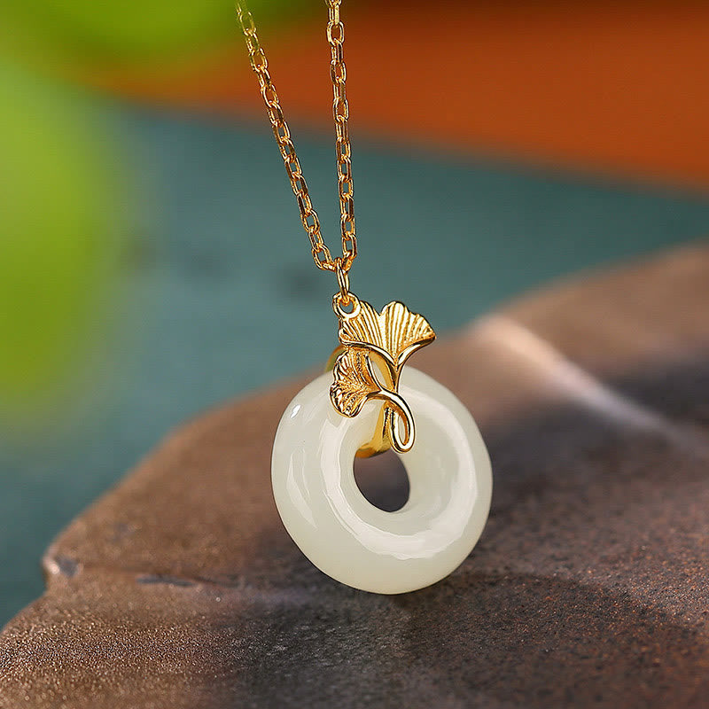 KarmaRipple's 925 Sterling Silver Authentic Hetian Jade Ginkgo Leaf Peace Buckle Fortune Pendant Necklace p1