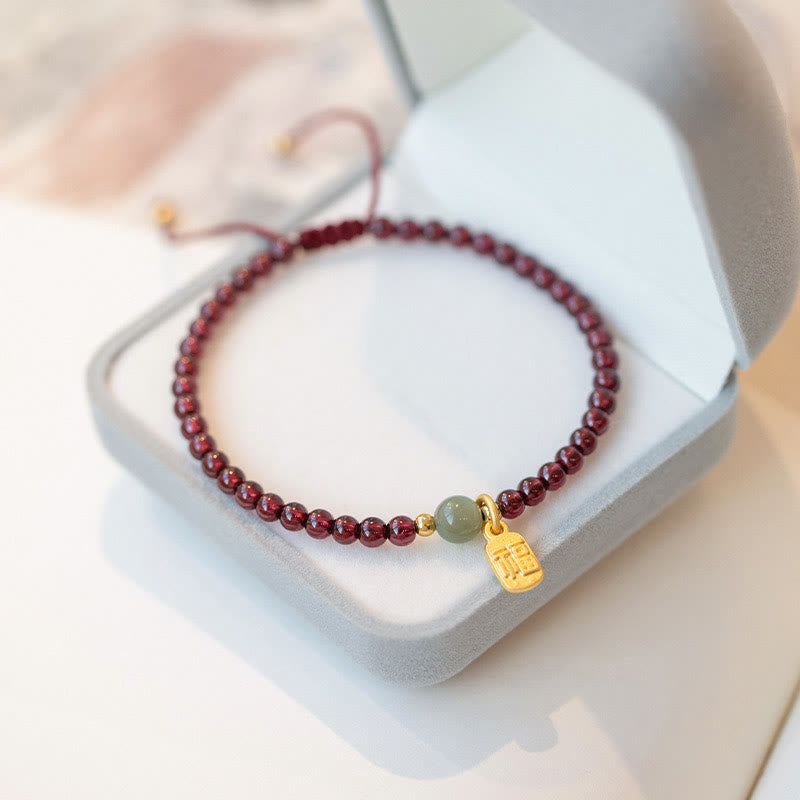 KarmaRipple's Authentic Strawberry Quartz Garnet Jade Fortunate Fortune Fu Character Balancing Talisman Bracelet p2