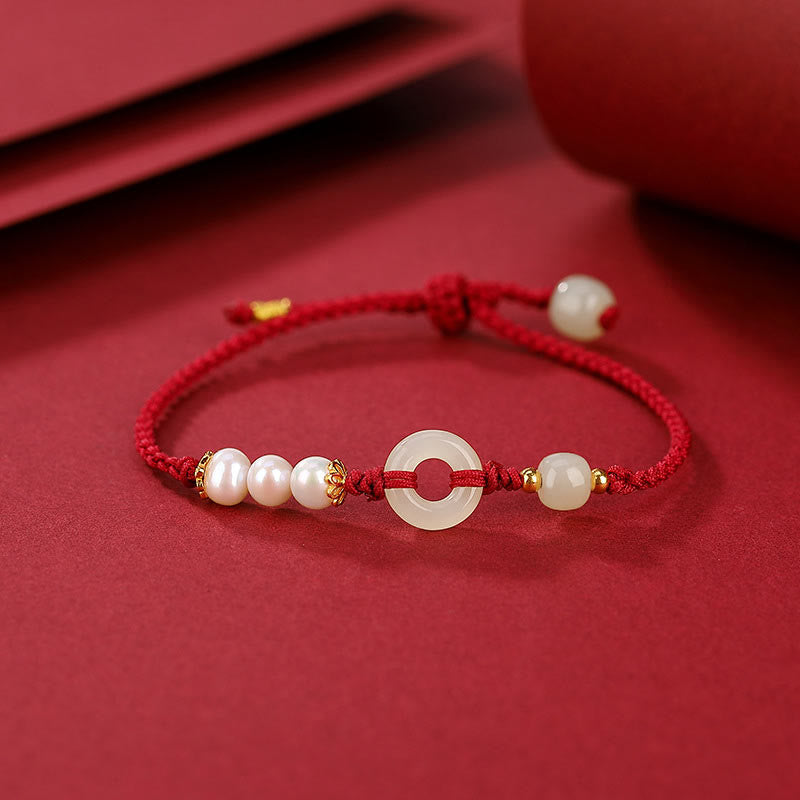 KarmaRipple's 925 Sterling Silver Plated Gold Hetian Jade Peace Buckle Pearl Fortune Bracelet p7
