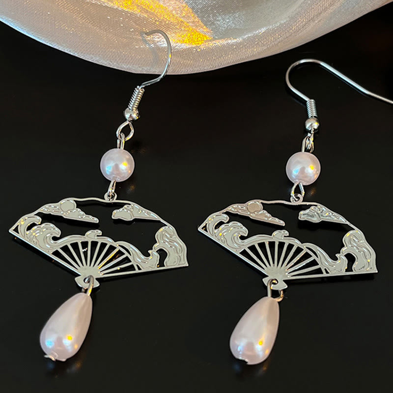 KarmaRipple's Bronze Fan Auspicious Clouds Pearl Balancing Drop Earrings p2