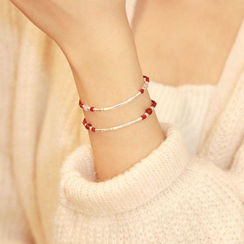 KarmaRipple's 925 Sterling Silver Bamboo Ivory Agate Red Agate Bead Protection String Woven Bracelet p9