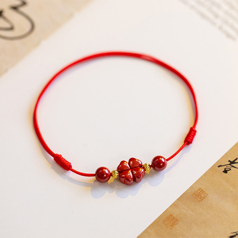 KarmaRipple's Four Leaf Clover Cinnabar Blessing Calm String Bracelet Anklet p18