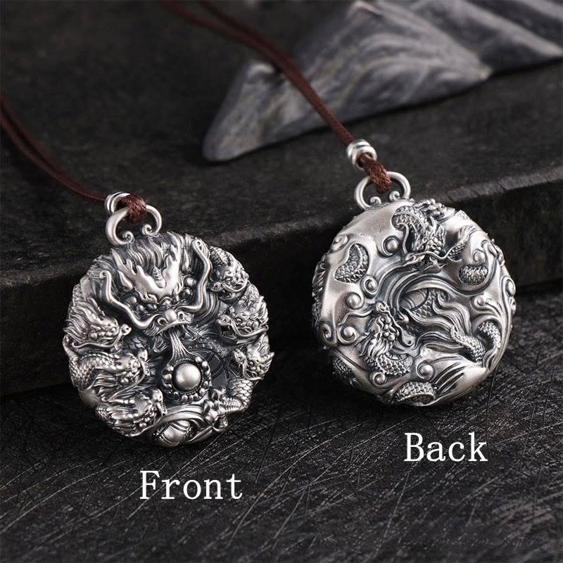 KarmaRipple's 999 Sterling Silver Nine Dragons Playing With A Pearl Fortune Protection Pendant Necklace p3