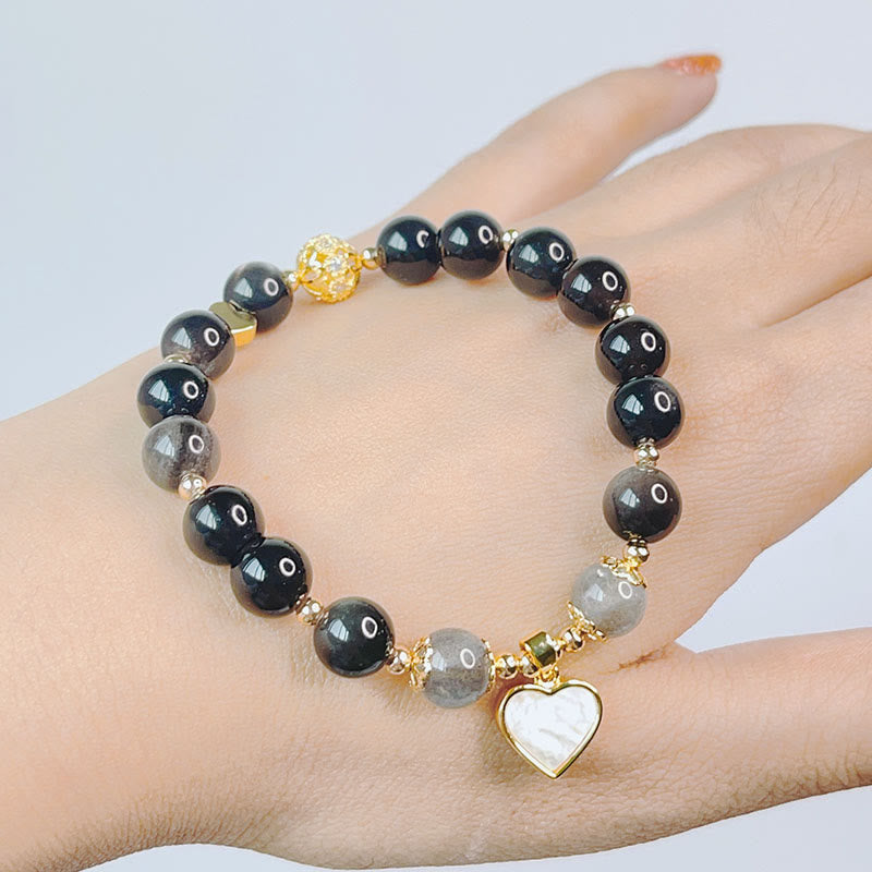 KarmaRipple's Authentic Silver Sheen Obsidian Love Heart Star Flower Protection Bracelet ( p7