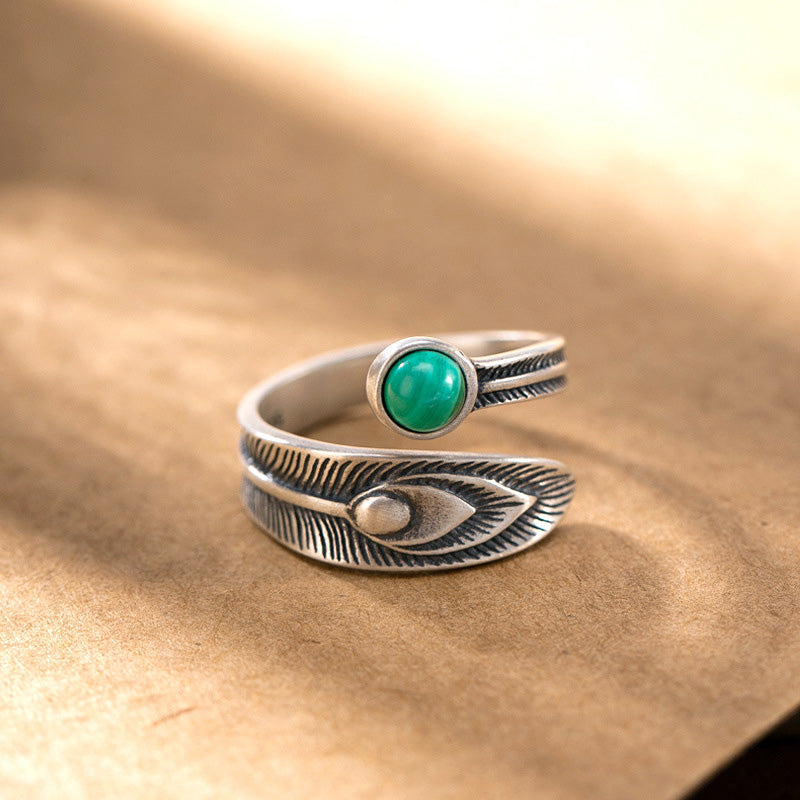 KarmaRipple's 925 Sterling Silver Malachite Bead Feather Protection Ring p1