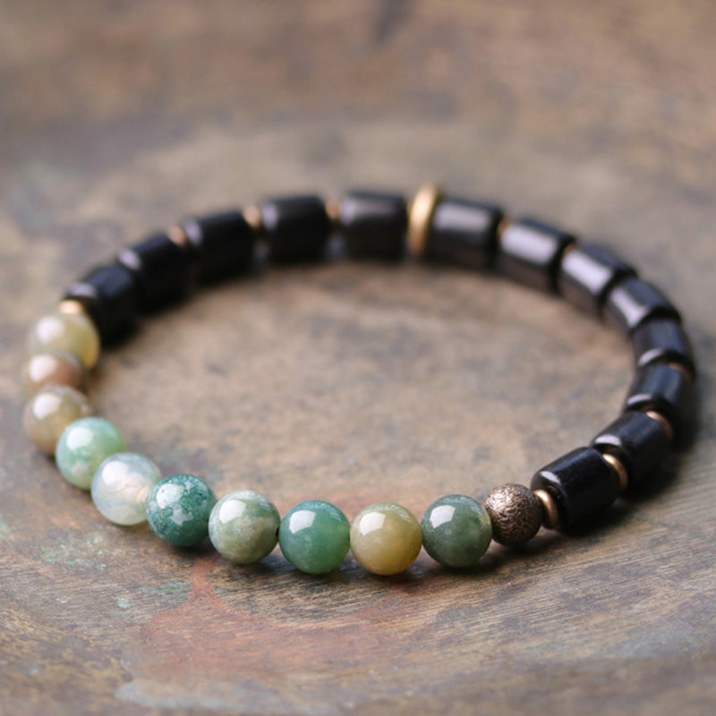 KarmaRipple's Ebony Wood Red Jasper Moss Agate Gemstone Bronze Peace Pair Bracelet p24