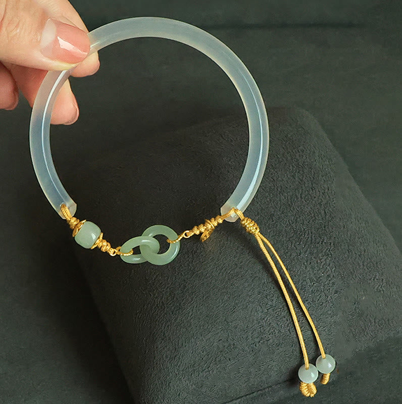KarmaRipple's 925 Sterling Silver Authentic Ivory Agate Hetian Jade Double Peace Buckle Fu Character Bracelet Bangle p4
