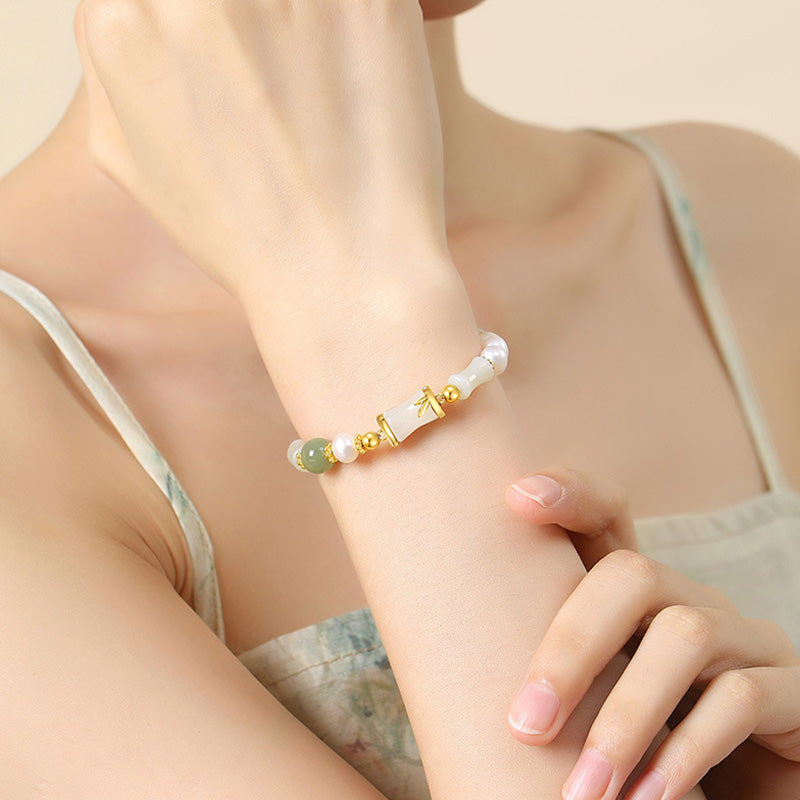 KarmaRipple's 925 Sterling Silver Authentic Hetian Ivory Jade Bamboo Fortune Blessing Bracelet p7