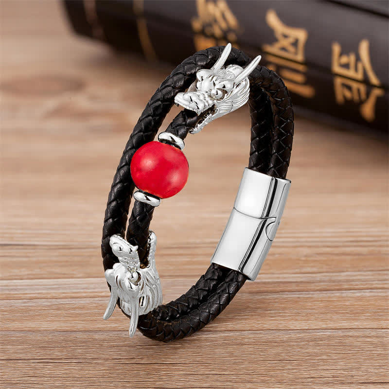 KarmaRipple's Double Dragon Head Leather Stone Titanium Steel Success Bracelet ( p18