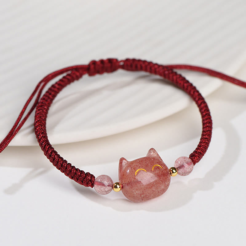 KarmaRipple's Handmade Authentic Silver Sheen Obsidian Strawberry Quartz Cute Cat Protection Woven Bracelet p10
