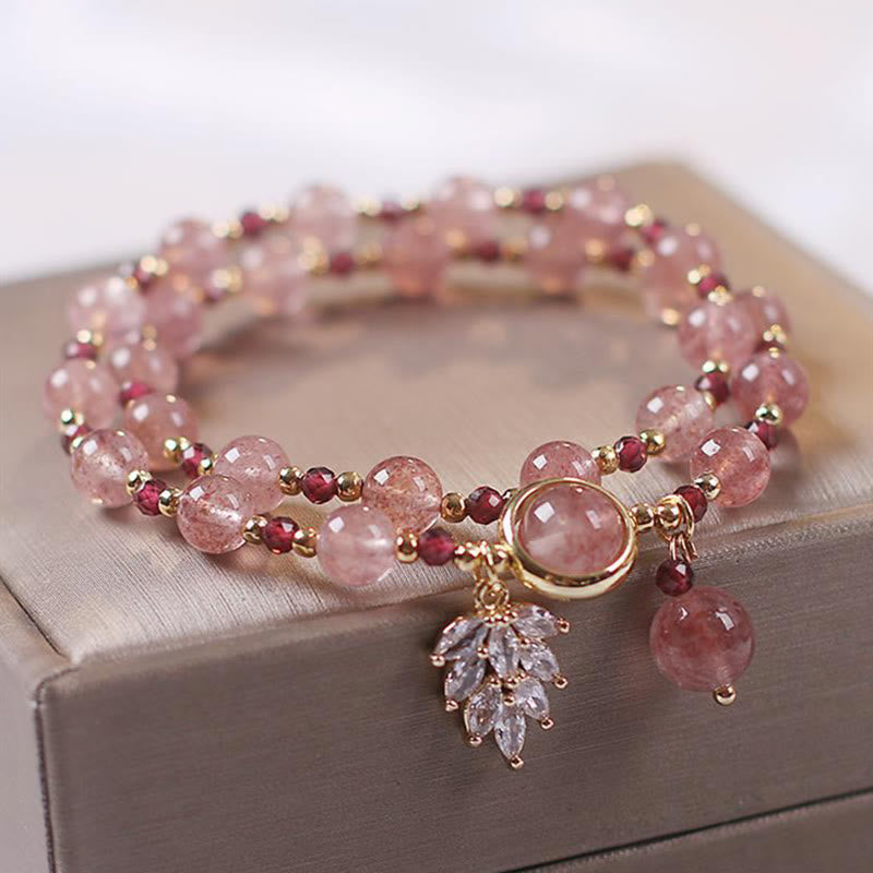 KarmaRipple's Authentic Strawberry Quartz Love Balancing Maple Leaf Talisman Double Wrap Bracelet p1