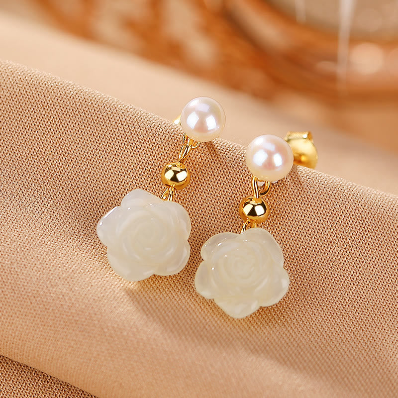 KarmaRipple's 925 Sterling Silver Plated Gold Jade Rose Flower Cyan Jade Pearl Fortune Earrings p2