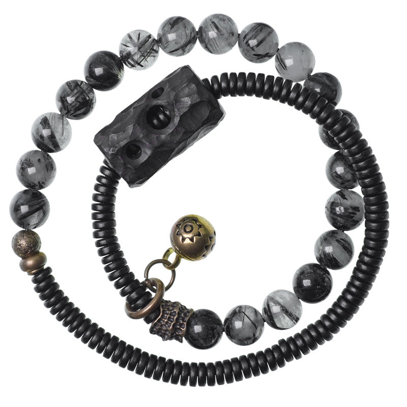 KarmaRipple's Black Rutilated Quartz Ebony Wood Bronze Wisdom Pair Bracelet p14