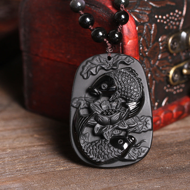 KarmaRipple's Authentic Black Obsidian Koi Fish Lotus Strength Beaded Pendant Necklace p3
