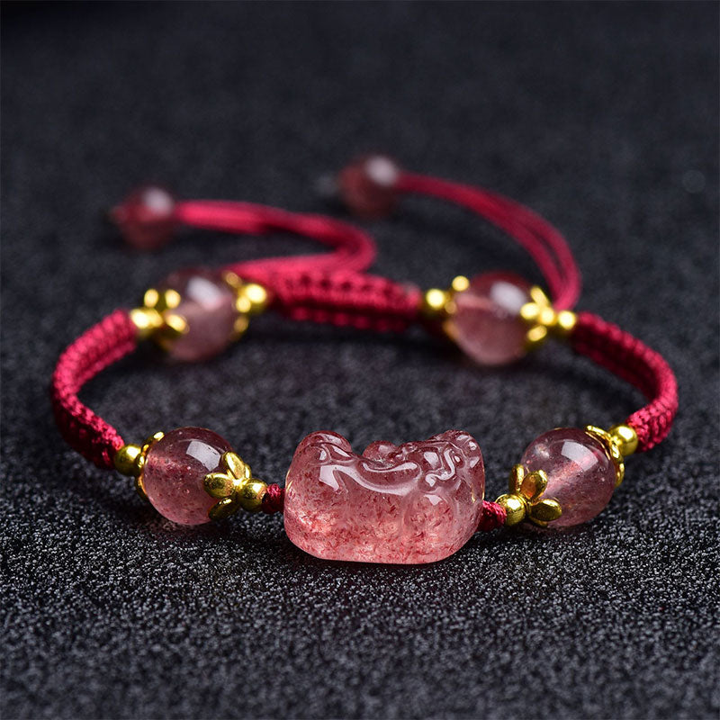 KarmaRipple's Authentic Strawberry Gemstone Pixiu Talisman Fortunate Red String Bracelet p2