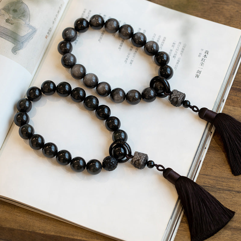 KarmaRipple's Authentic Silver Sheen Obsidian Black Obsidian Lion Wrist Mala Protection Tassels Pocket Mala Car Decoration p14