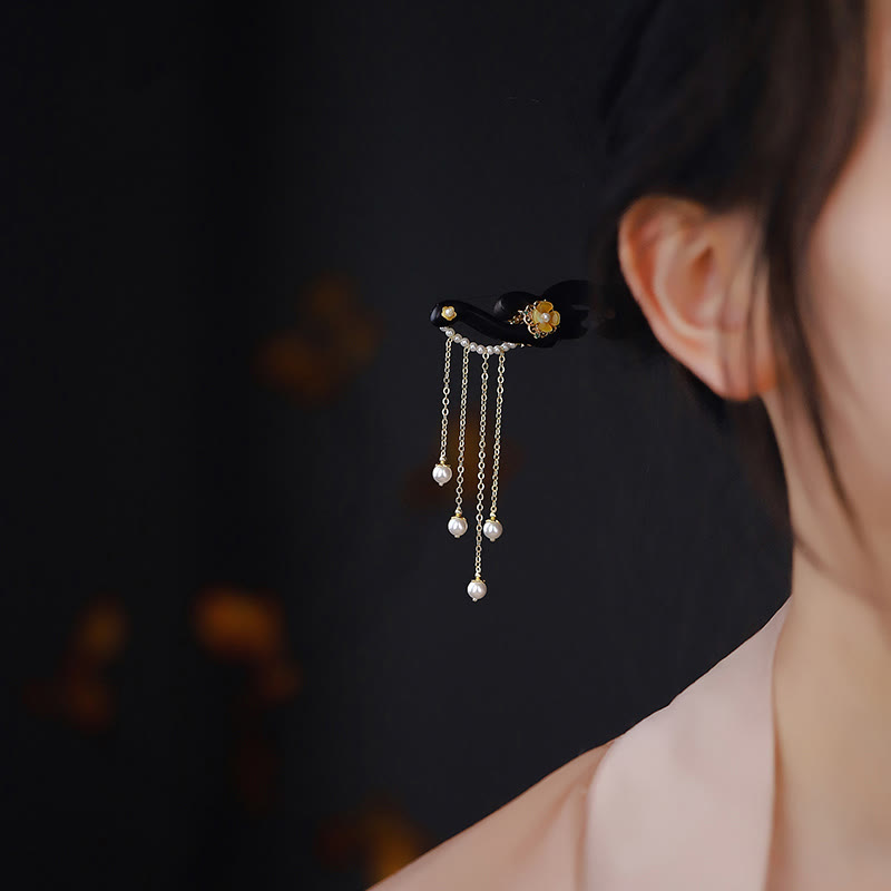 KarmaRipple's Ebony Wood Yellow Flower Pearl Tassels Hairpin p2