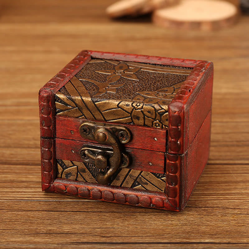 KarmaRipple's Retro Small Square Wood Jewelry Box Lotus Grass Flower Grape Bronze Coin Daffodil Jewelry Storage Box p32