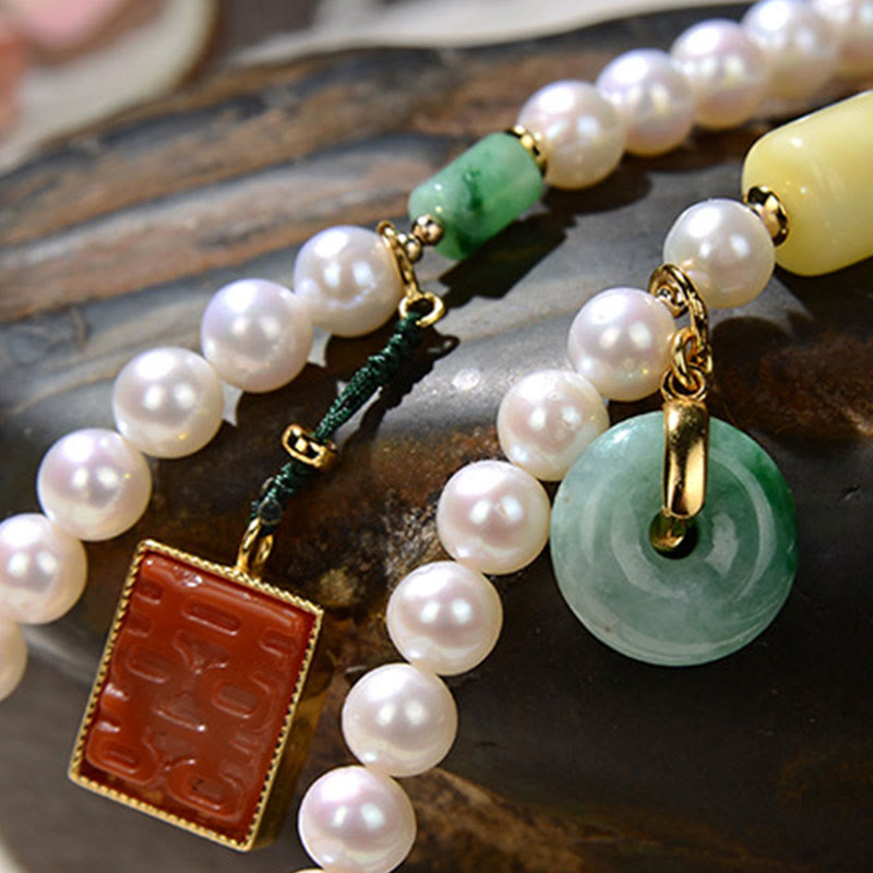 KarmaRipple's 925 Sterling Silver Pearl Hetian Jade Red Agate Double Happiness Amber Fortune Quadruple Wrap Bracelet p7