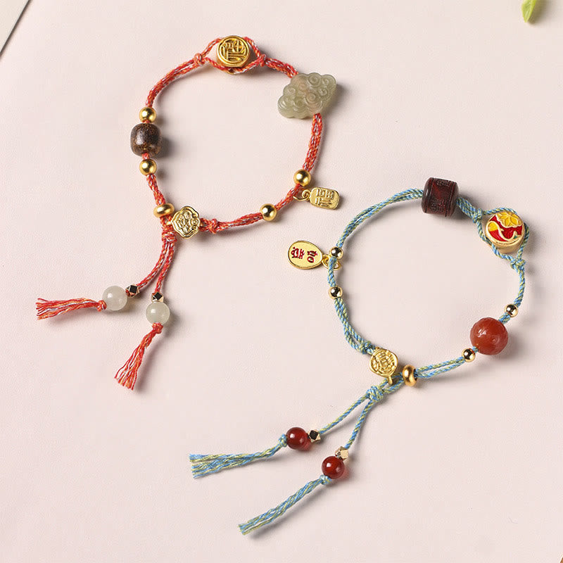 KarmaRipple's Handmade Auspicious Clouds Hetian Jade Fu Character Fortune Fortune Rope Bracelet p3