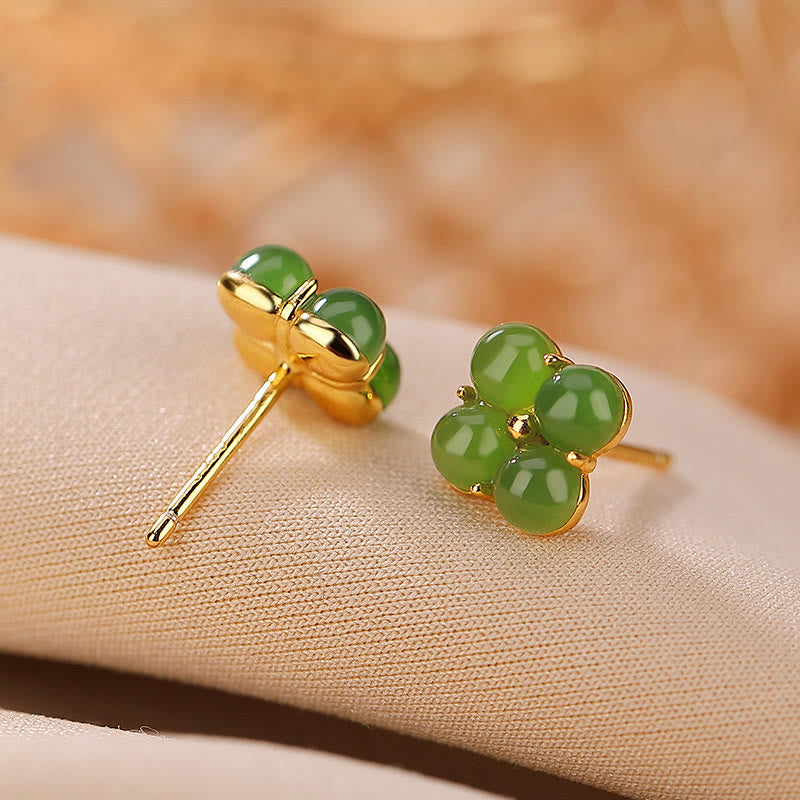 KarmaRipple's 925 Sterling Silver Plated Gold Authentic Cyan Jade Four Leaf Clover Fortune Stud Earrings p3