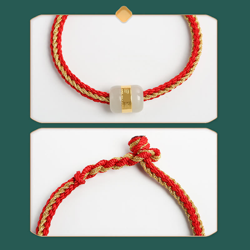 KarmaRipple's 999 Gold Hetian Ivory Jade Om Mani Padme Hum Fu Character Fortune Woven Bracelet p7