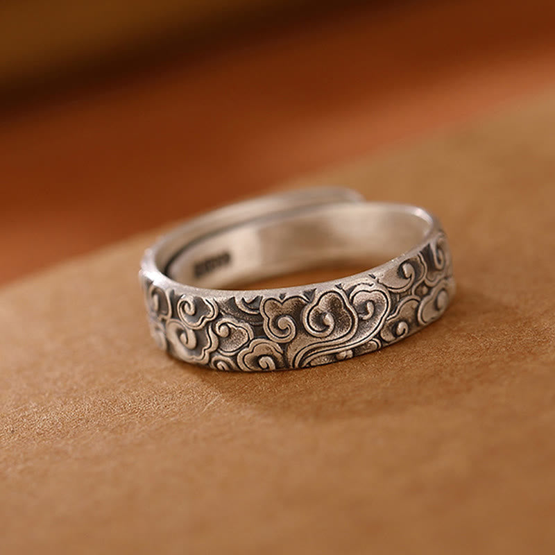 KarmaRipple's 999 Sterling Silver Lotus Flower Plum Blossom Auspicious Clouds Engraved Enlightenment Ring p10