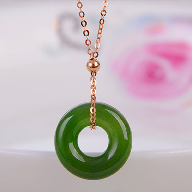 KarmaRipple's Round Cyan Jade Balancing 14K Gold Pendant Necklace p6