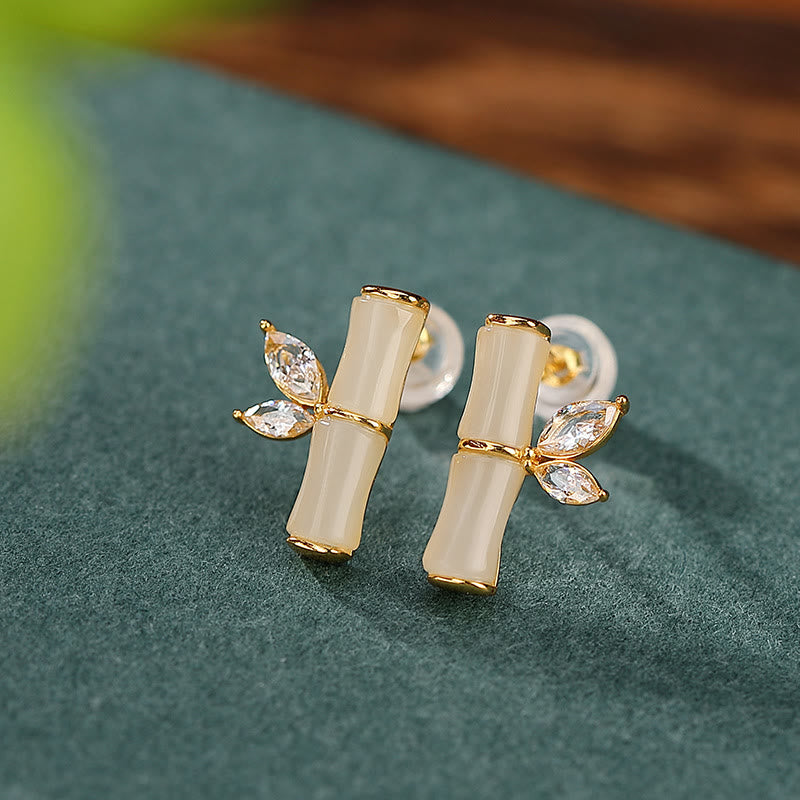 KarmaRipple's 925 Sterling Silver Hetian Cyan Jade Ivory Jade Red Agate Bamboo Pattern Fortune Stud Earrings p2