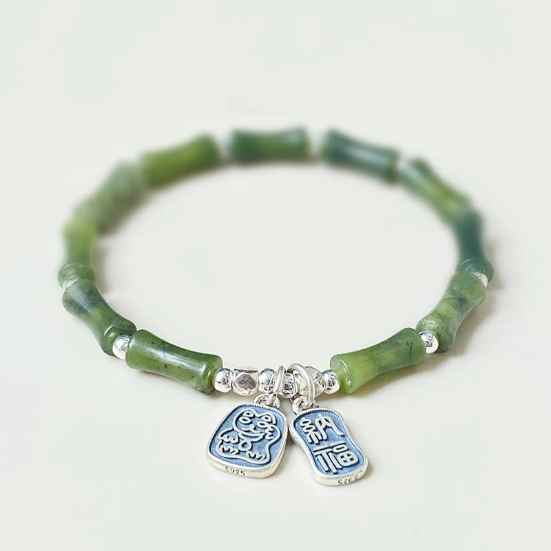 KarmaRipple's 925 Sterling Silver Bamboo Jade Fortunate Cat Fu Character Fortune Abundance Bracelet p1