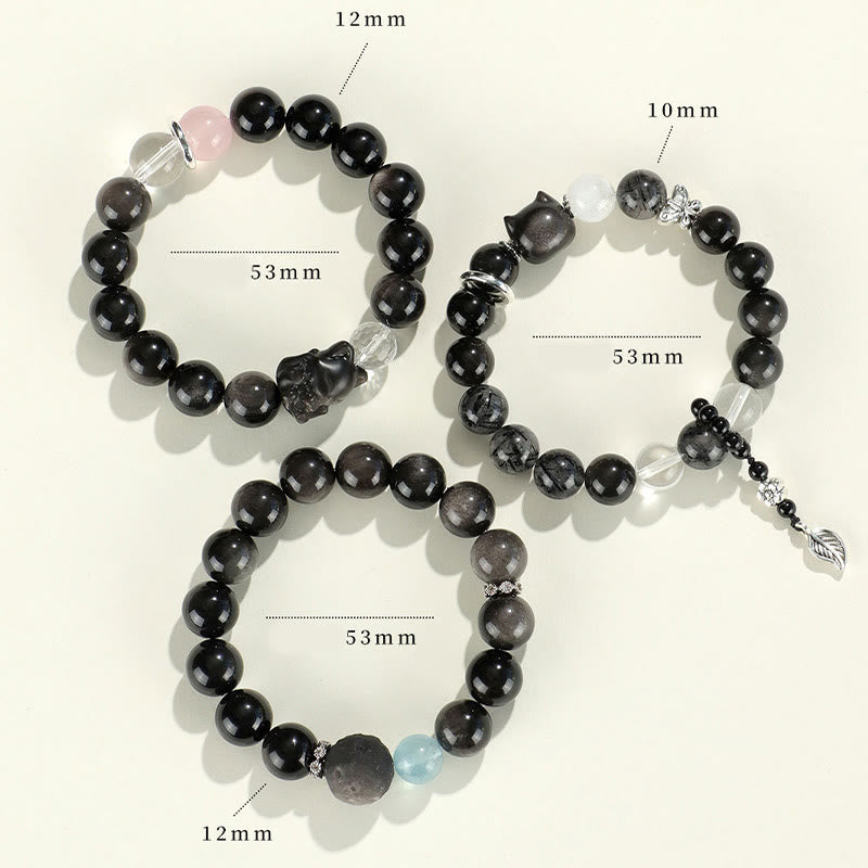 KarmaRipple's Authentic Silver Sheen Obsidian Cat Head Fox Planet Protection Bracelet p13