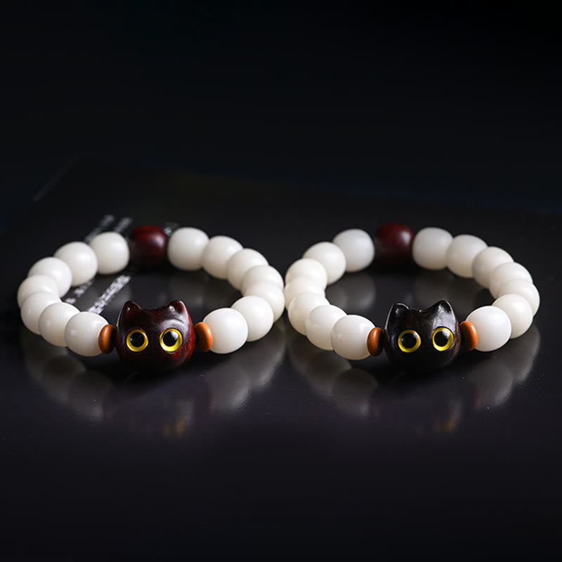 KarmaRipple's Authentic Bodhi Seed Small Leaf Red Sandalwood Ebony Wood Cute Fortunate Cat Wisdom Bracelet p18