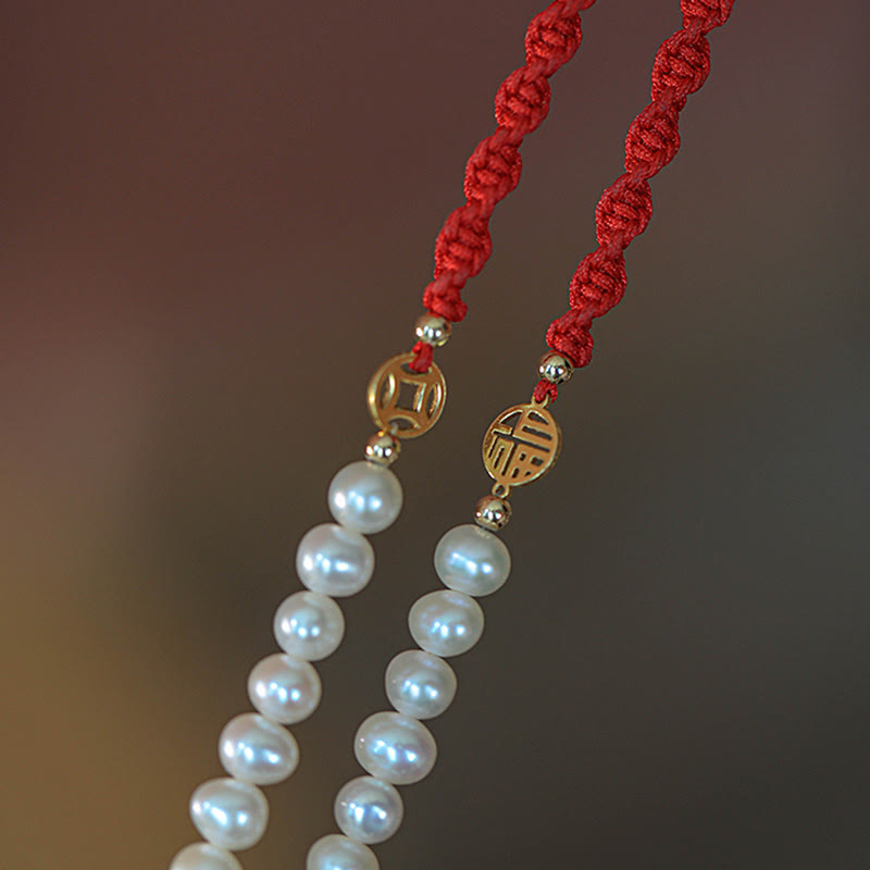 KarmaRipple's 14K Gold Plated Pearl Bead Fortune Protection Braid Red String Bracelet p22