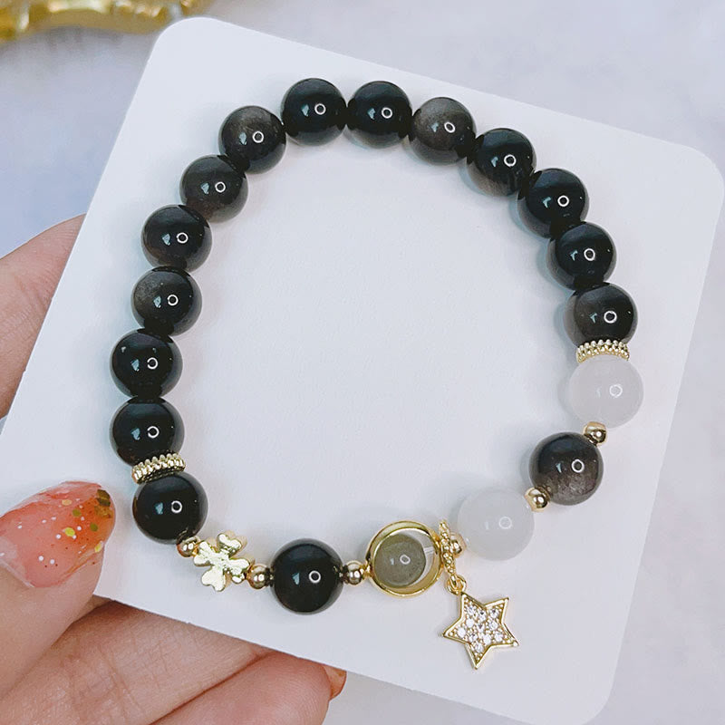 KarmaRipple's Authentic Silver Sheen Obsidian Love Heart Star Flower Protection Bracelet ( p8