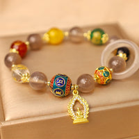 Bracelet Talisman Bouddha Om Mani Padme Hum en Agate Grise Authentique de KarmaRipple, Dieux de la Richesse des Cinq Directions