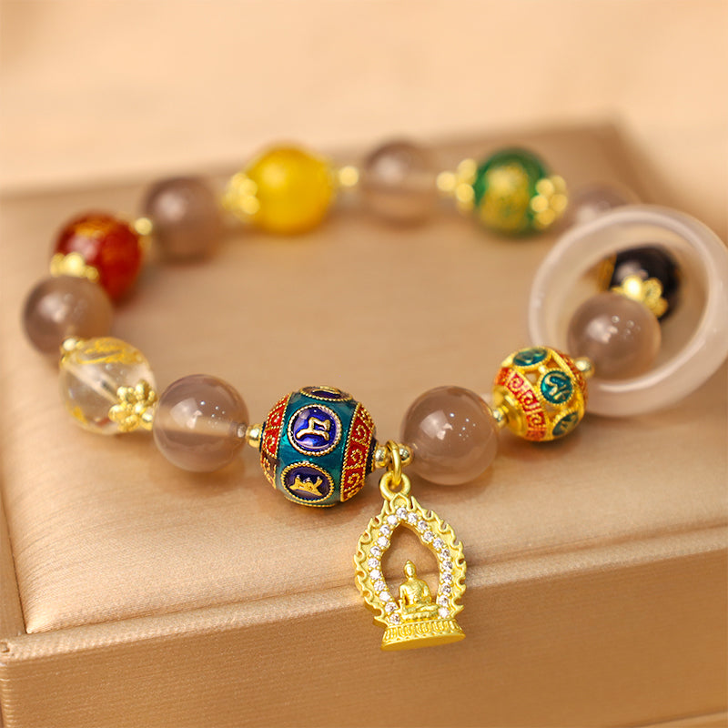 KarmaRipple's Authentic Gray Agate Five Directions Gods of Wealth Om Mani Padme Hum Buddha Talisman Bracelet p1