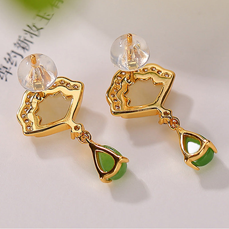 KarmaRipple's Ivory Jade Cyan Jade Fan Water Drop Pattern Fortune Drop Earrings p7