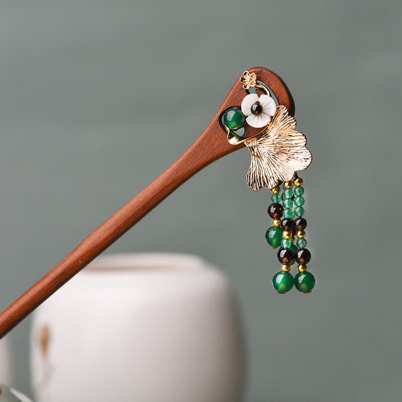 KarmaRipple's Red Sandalwood Green Agate Ginkgo Leaf Protection Hairpin p1
