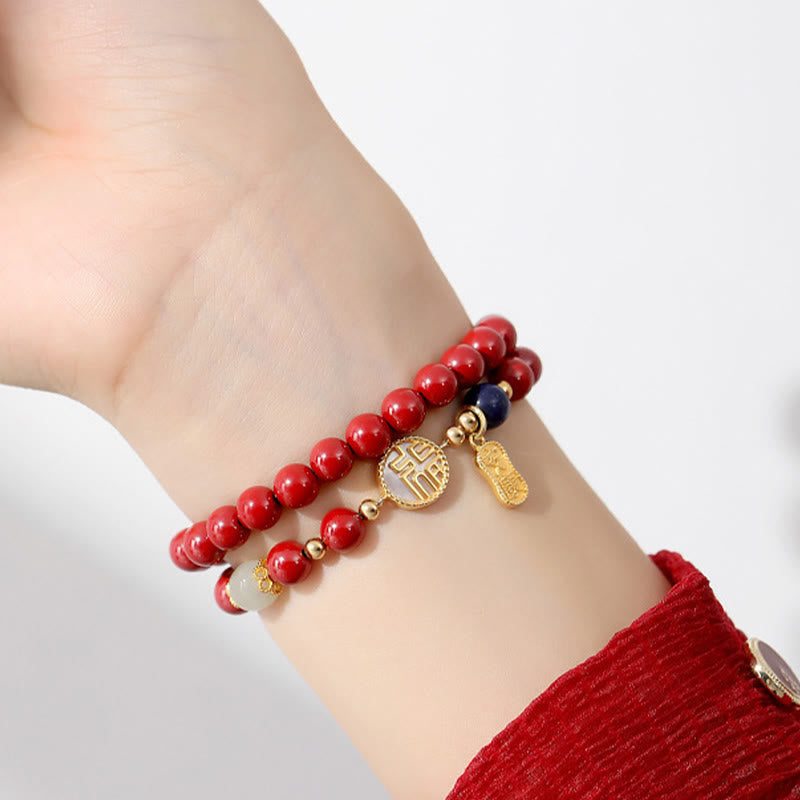 KarmaRipple's 925 Sterling Silver Cinnabar Tridacna Stone Fu Character Double Wrap Blessing Bracelet p7