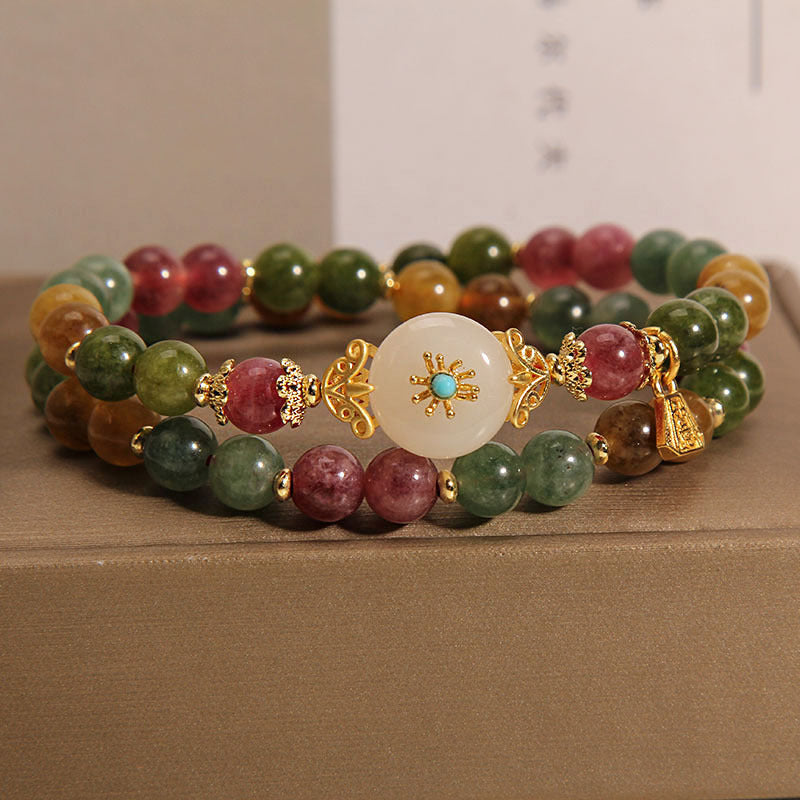 KarmaRipple's Authentic Multicolored Tourmaline Positive Jade Flower Double Wrap Bracelet p1