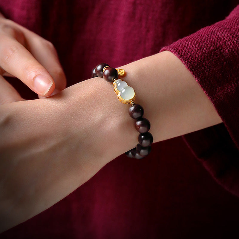 KarmaRipple's Small Leaf Red Sandalwood Gourd Jade Calm Relaxation Bracelet p10