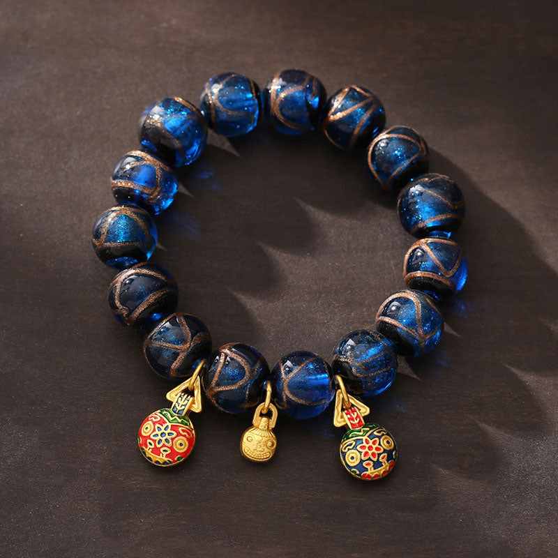 KarmaRipple's Gold Swallowing Beast Fortune Talisman Blue Liuli Glass Bead Fortune Bracelet p3