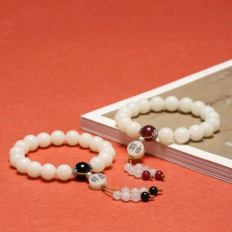 KarmaRipple's Bodhi Seed Red Agate Black Obsidian Pink Gemstone Rutilated Quartz Peace Wrist Mala Bracelet p15