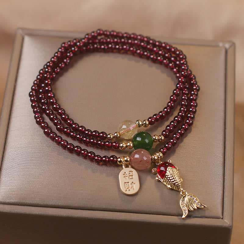 KarmaRipple's Authentic Garnet Strawberry Quartz Gemstone Fox Koi Fish Peace Buckle Fortune Protection Triple Wrap Bracelet p7