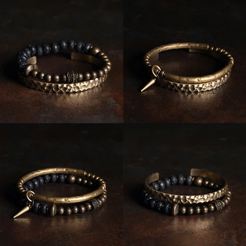 KarmaRipple's Lava Rock Stone Bronze Balance Cuff Bracelet Bangle p21