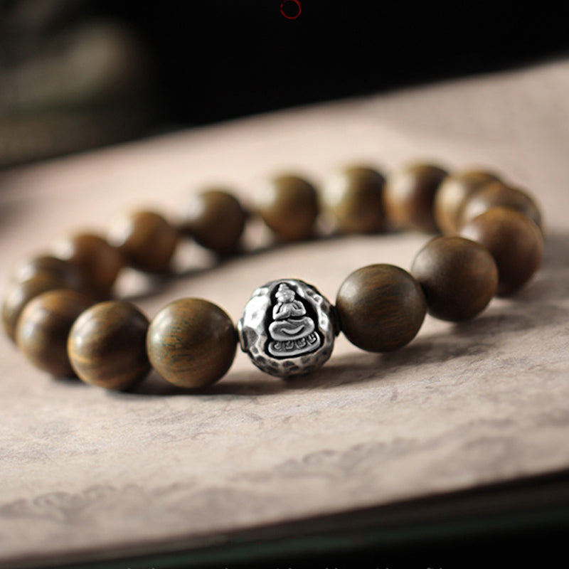 KarmaRipple's 999 Sterling Silver Green Sandalwood Small Leaf Red Sandalwood Buddha Cure Bracelet p1